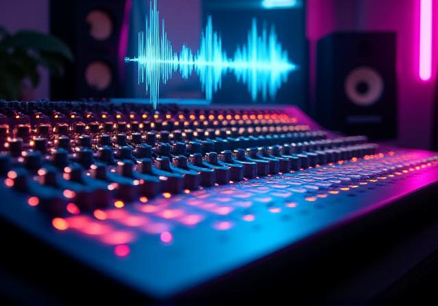 Studio mixing board with neon overlays